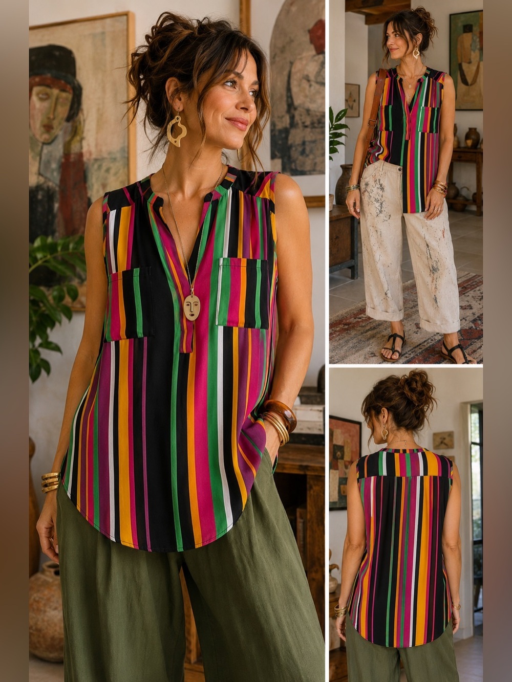 Colorful Striped Sleeveless Blouse | Y2K Retro Bright Multicolor Top Size XL